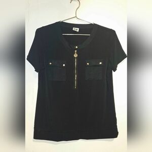 Anne Klien Y2k MED Blouse with Gold Tiger zipperButton Pkts Silk Cap Sleeves.